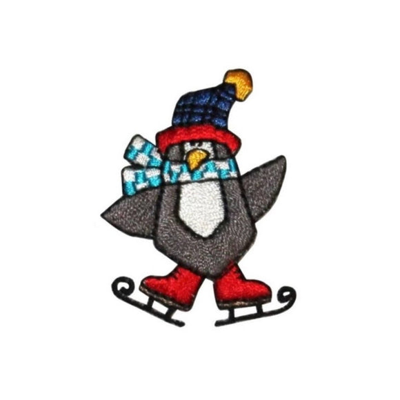 ID 8200B Ice Skating Penguin Patch Winter Holiday Embroidered Iron On Applique
