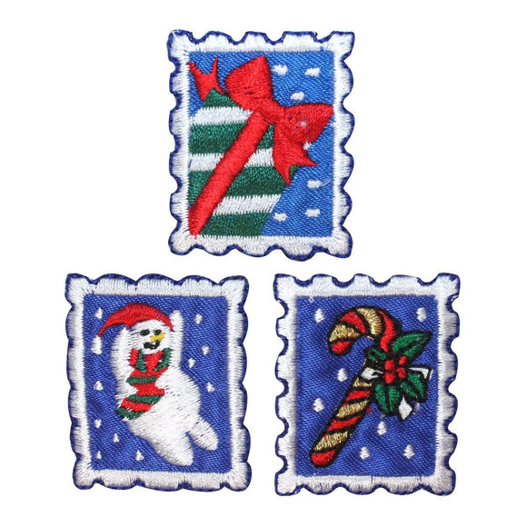 ID 8203ABC Set of 3 Christmas Stamp Patches Holiday Embroidered Iron On Applique