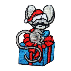 ID 8207C Mouse On Present Patch Christmas Holiday Embroidered Iron On Applique