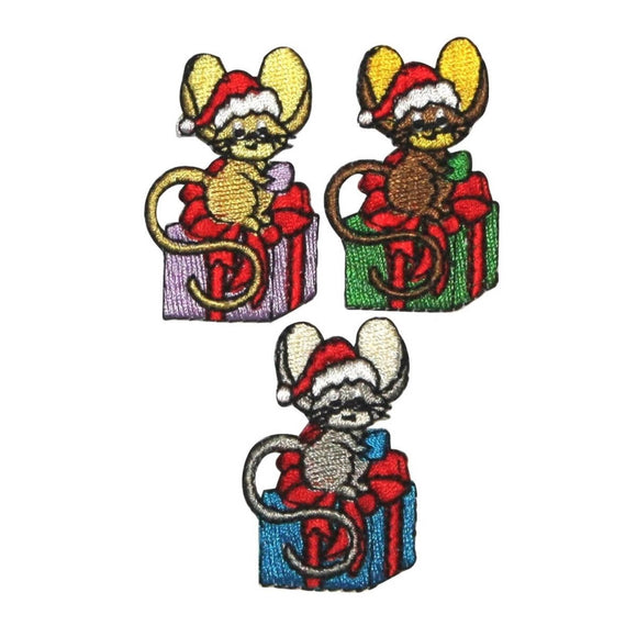 ID 8207ABC Set of 3 Christmas Mouse Present Patches Embroidered Iron On Applique