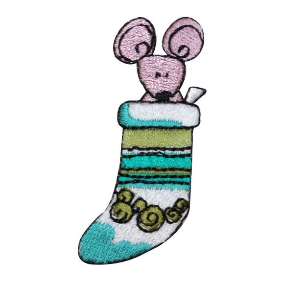 ID 8209A Mouse In Stocking Patch Christmas Holiday Embroidered Iron On Applique