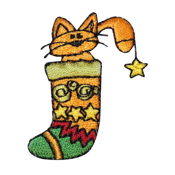 ID 8209C Kitten In Stocking Patch Christmas Holiday Embroidered Iron On Applique