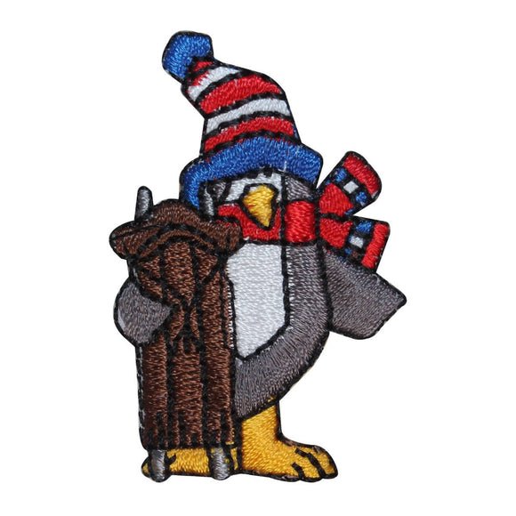 ID 8226A Penguin Holding Sled Patch Winter Snow Day Embroidered Iron On Applique