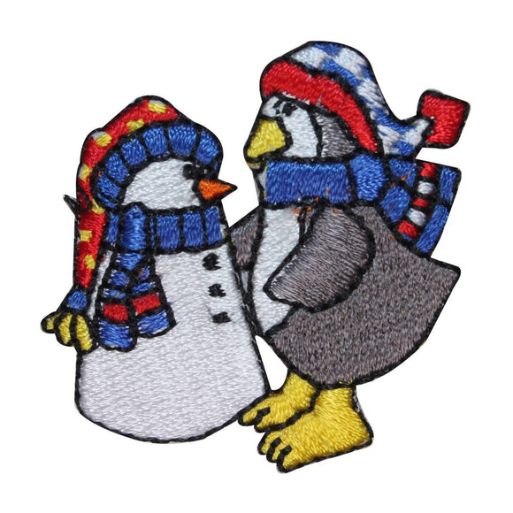 ID 8226B Penguin Build Snowman Patch Snow Day Fun Embroidered Iron On Applique