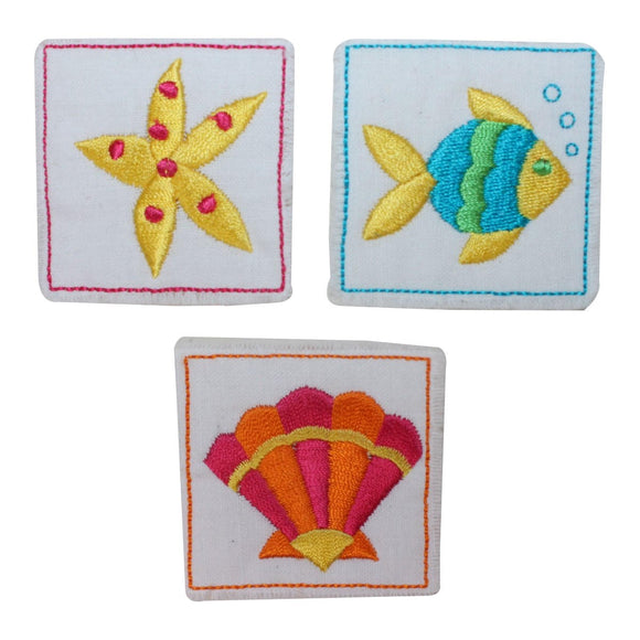 ID 1713ABC Set of 3 Ocean Scene Patches Shell Fish Starfish Iron On Applique
