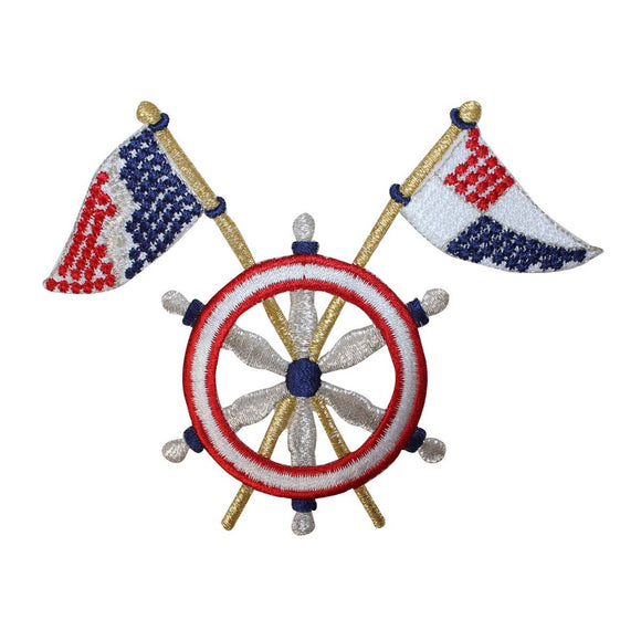ID 2680 Nautical Wheel With Flags Patch Sail Boat Embroidered Iron On Applique