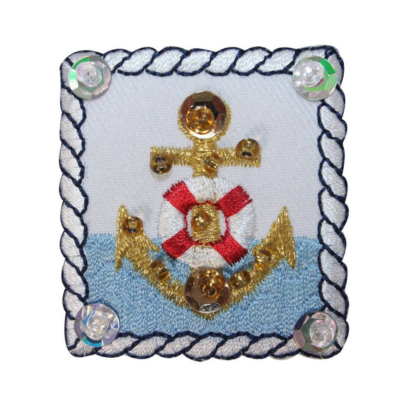 ID 2690 Sequin Bead Anchor Badge Patch Nautical Boat Ship Marine IronOn Applique