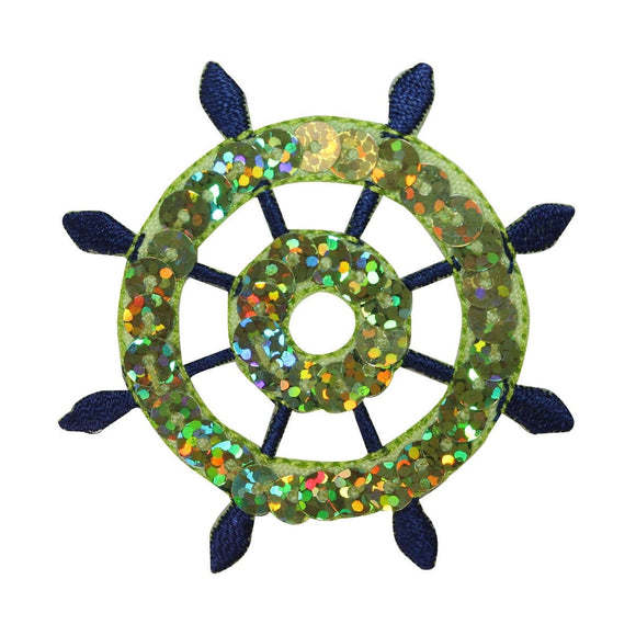 ID 2695 Sequin Ship Wheel Patch Nautical Boat Emblem Embroidered IronOn Applique