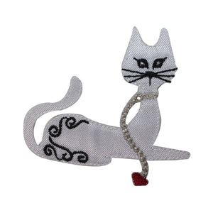 ID 2882 Fancy White Cat Patch Leash Feline Kitty Embroidered Iron On Applique
