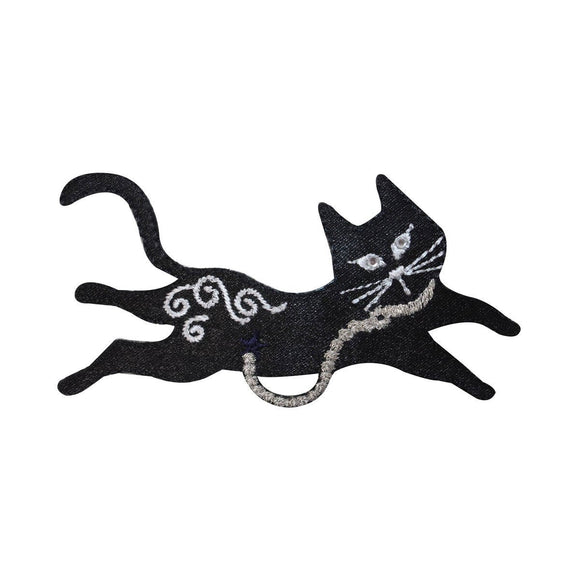 ID 2885 Fancy Black Cat Patch Jumping Kitty Kitten Embroidered Iron On Applique