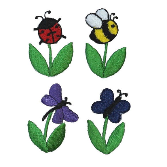 ID 1607ABCD Set of 4 Bug On Flower Patches Garden Embroidered Iron On Applique