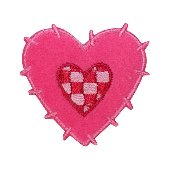 ID 3241 Fluffy Checkered Heart Patch Valentines Day Embroidered Iron On Applique