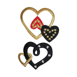 ID 3252AB Set of 2 Gold Hearts Patch Valentines Day Embroidered Iron On Applique