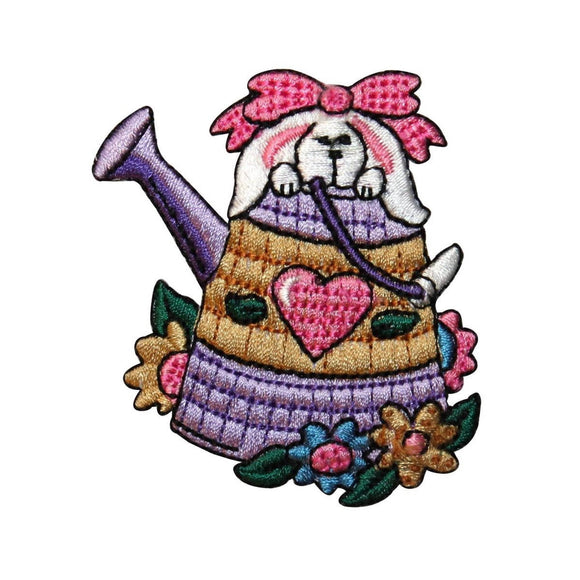 ID 3326 Easter Bunny In Watering Can Patch Spring Embroidered Iron On Applique
