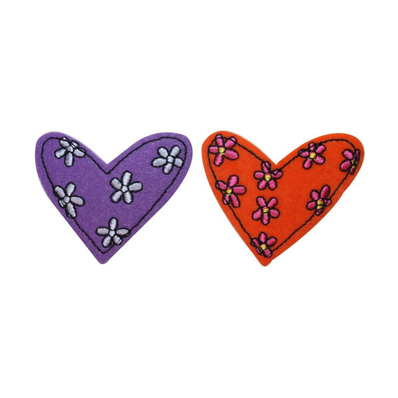 ID 3261AB Set of 2 Floral Heart Patches Valentines Embroidered Iron On Applique