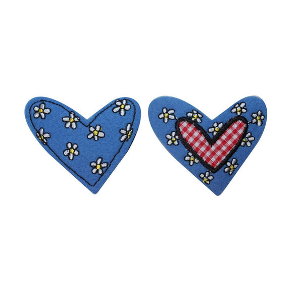 ID 3266AB Set of 2 Felt Floral Heart Patches Love Embroidered Iron On Applique