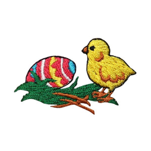 ID 3348B Chick With Easter Egg Patch Spring Holiday Embroidered Iron On Applique