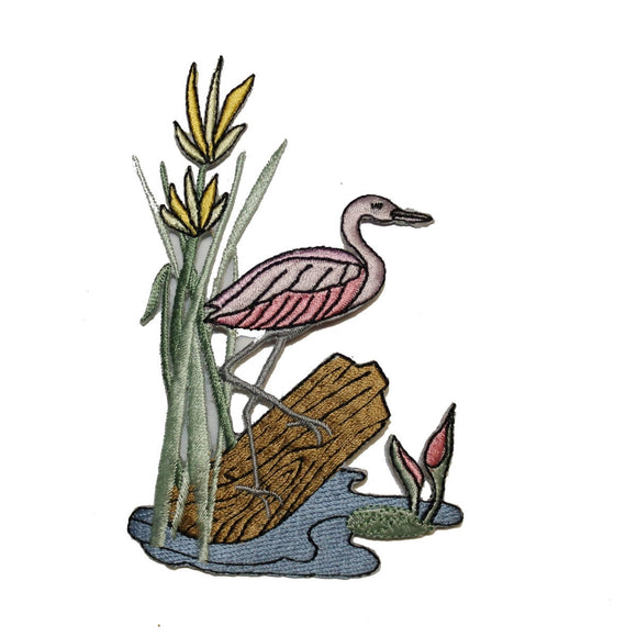 ID 1618z Flamingo Bird Scene Patch Natural Habitat Embroidered Iron On Applique