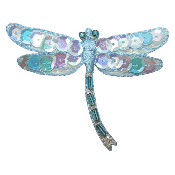 ID 1650B Blue Mystic Dragonfly Patch Sequin Beaded Embroidered Iron On Applique