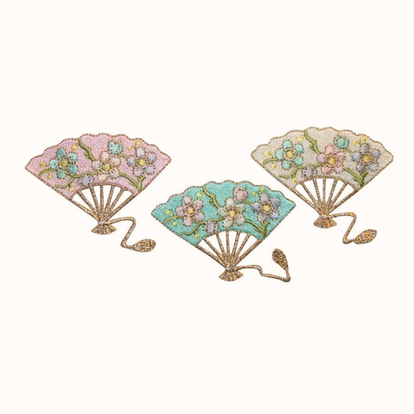 ID 3376ABC Set of 3 Japanese Folding Fan Patch Hand Embroidered Iron On Applique
