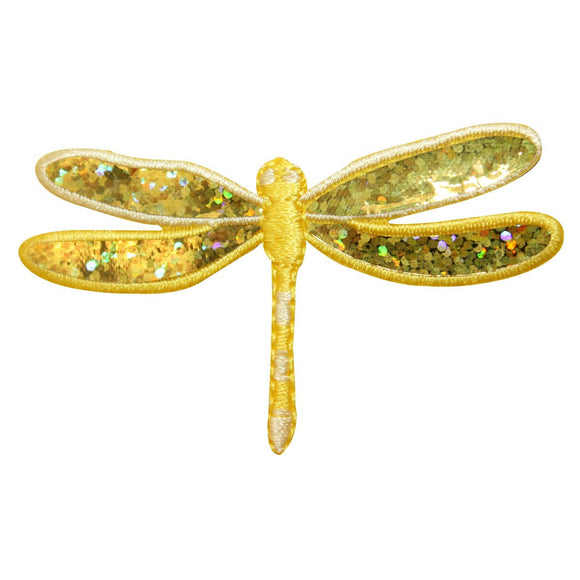 ID 1672A Yellow Sparkly Dragonfly Patch Garden Bug Embroidered Iron On Applique