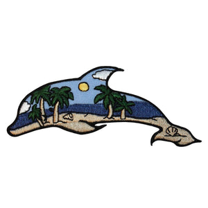 ID 1697 Beach Scene Dolphin Patch Ocean View Craft Embroidered Iron On Applique