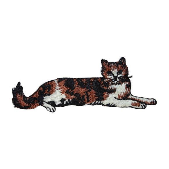 ID 3020 Calico Cat Laying Down Patch Kitten Kitty Embroidered Iron On Applique
