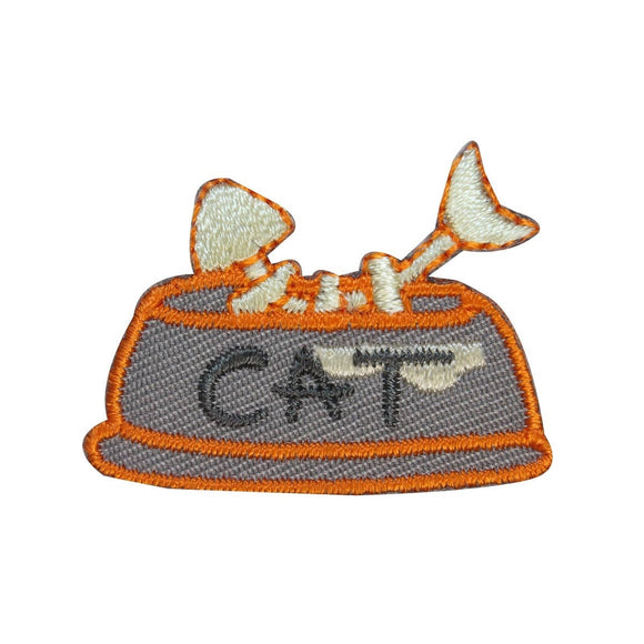 ID 2954 Cat Bowl With Fish Bones Patch Food Dish Embroidered Iron On Applique