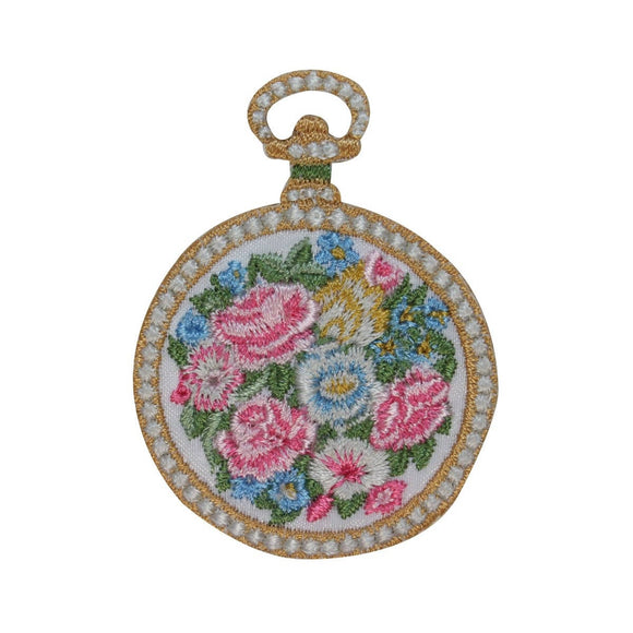 ID 3082 Floral Pocket Watch Patch Wind Up Clock Embroidered Iron On Applique