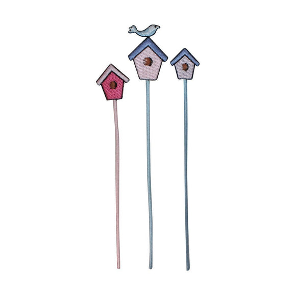 ID 3125ABC Set of 3 Bird House On Pole Patch Nest Embroidered Iron On Applique