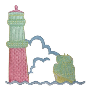 ID 1830Y Lighthouse and Ship Patch Nautical Travel Embroidered Iron On Applique