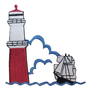 ID 1830Z Lighthouse and Ship Patch Nautical Travel Embroidered Iron On Applique