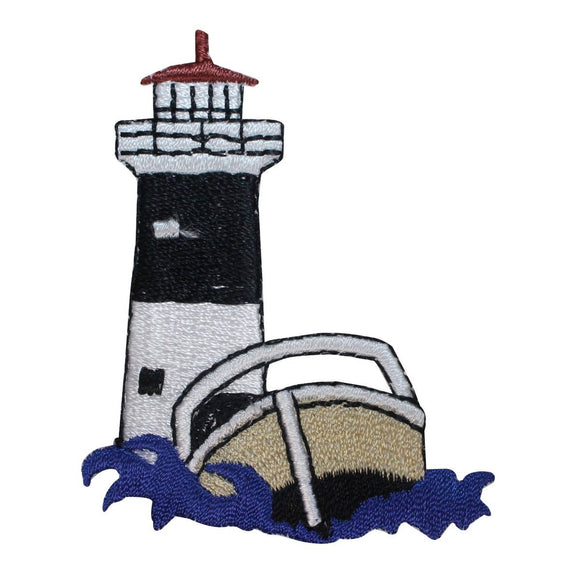ID 1840Z Lighthouse With Speed Boat Patch Nautical Embroidered Iron On Applique