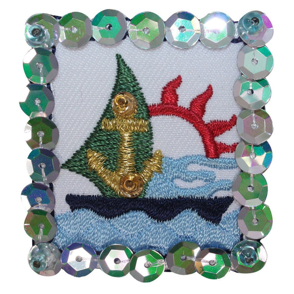 ID 1881B Ocean Sailboat Patch Ship Badge Sequin Embroidered Iron On Applique
