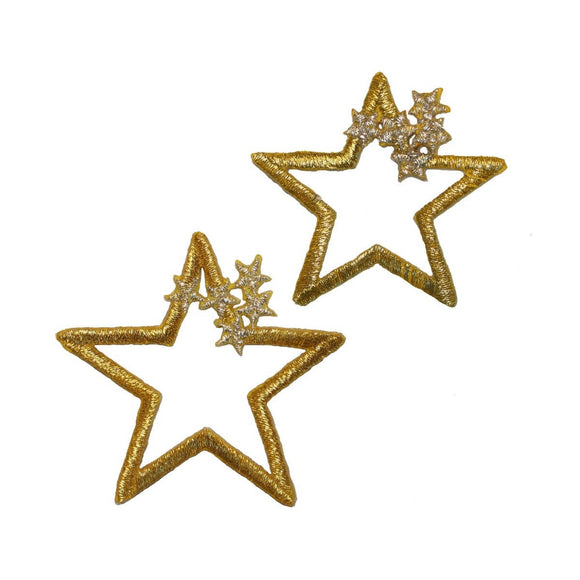 ID 3512AB Set of 2 Gold Star Outline Patch Cluster Embroidered Iron On Applique