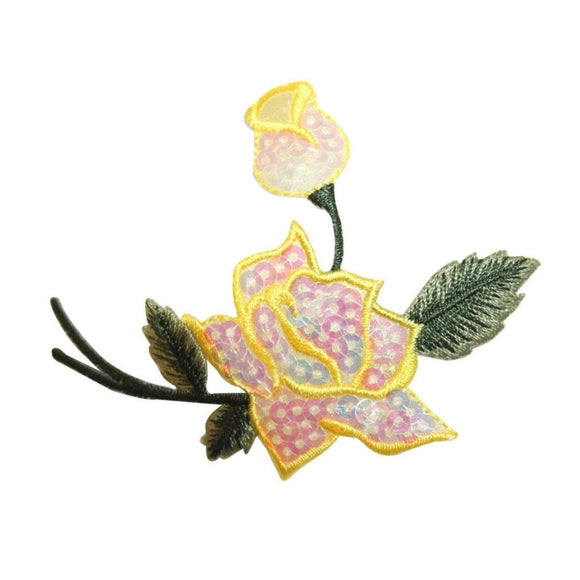 ID 6011 Sequin Tulip and Rose Patch Flower Blossom Embroidered Iron On Applique