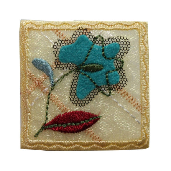 ID 6130 Blue Flower Badge Patch Square Plant Garden Embroidered Iron On Applique