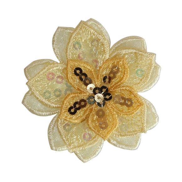 ID 6144 Sequin Yellow Flower Patch 3D Layered Bloom Embroidered Iron On Applique