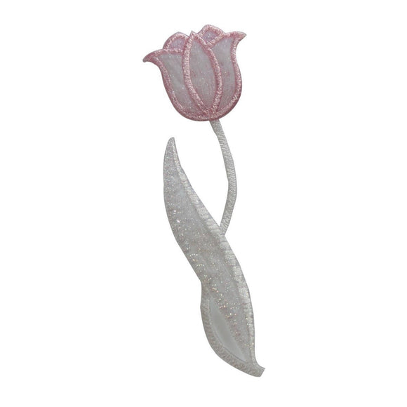 ID 6194 Pink Tulip Flower Patch Shiny Bloom Garden Embroidered Iron On Applique