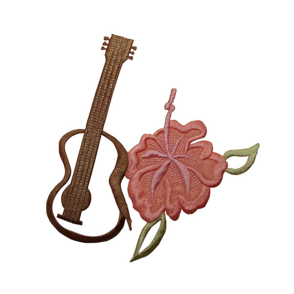 ID 6325 Ukulele and Hibiscus Patch Flower Hawaii Embroidered Iron On Applique