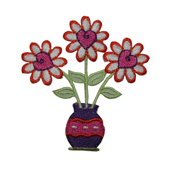 ID 6374 Potted Heart Flowers Patch Love Daisy Decor Embroidered Iron On Applique