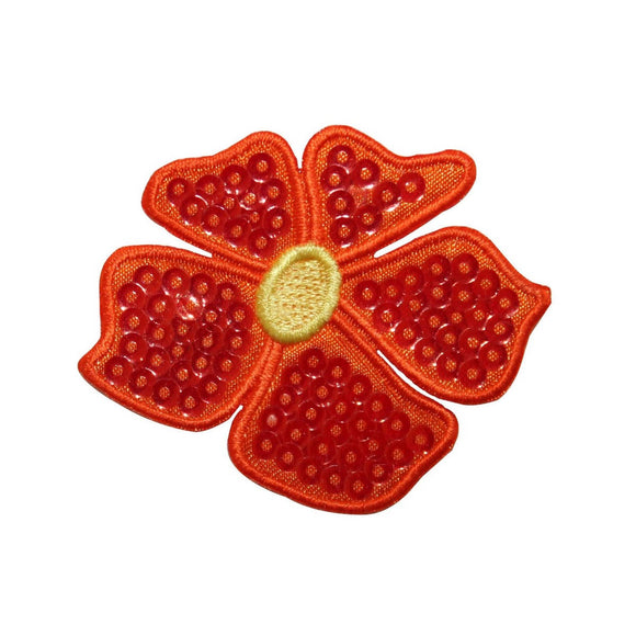 ID 6400 Orange Sequin Pedal Flower Patch Hibiscus Embroidered Iron On Applique
