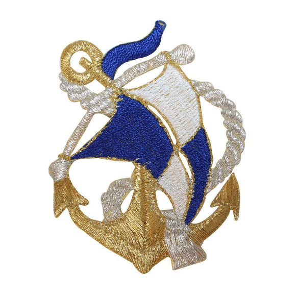 ID 2607 Nautical Anchor With Sails Patch Boat Ship Embroidered Iron On Applique