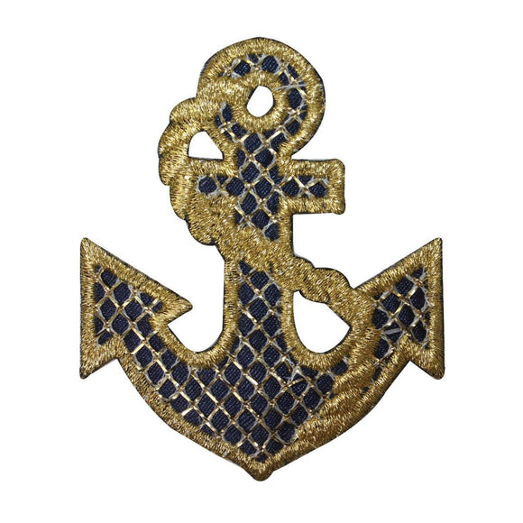 ID 2635 Anchor With Gold Lattice Patch Nautical Boat Embroidered IronOn Applique