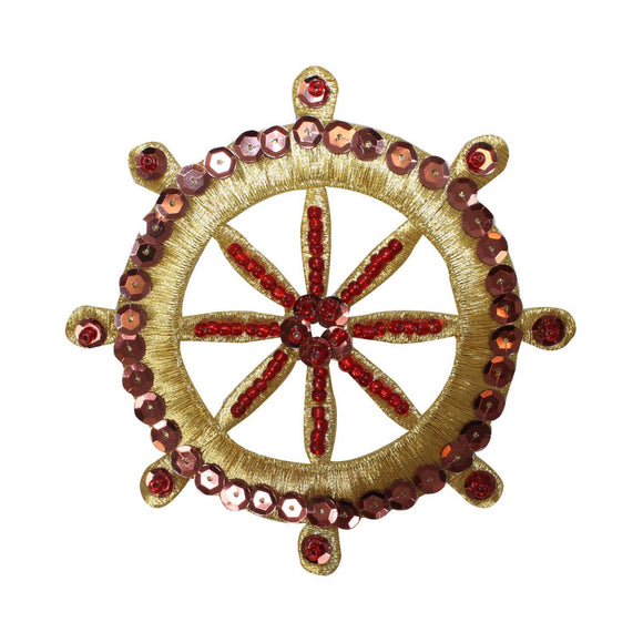 ID 2691 Beaded and Sequin Ship Wheel Patch Nautical Embroidered Iron On Applique