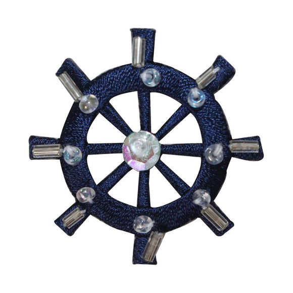 ID 2694 Beaded Sequin Ship Wheel Patch Sail Boat Embroidered Iron On Applique