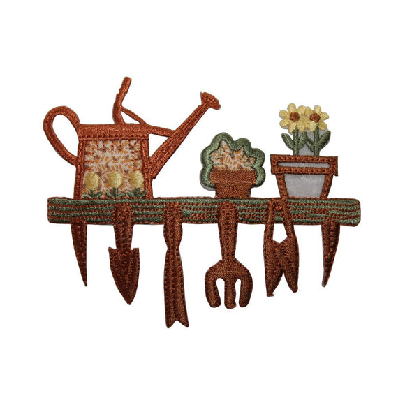 ID 7105 Garden Tools On Shelf Patch Shed Equipment Embroidered Iron On Applique