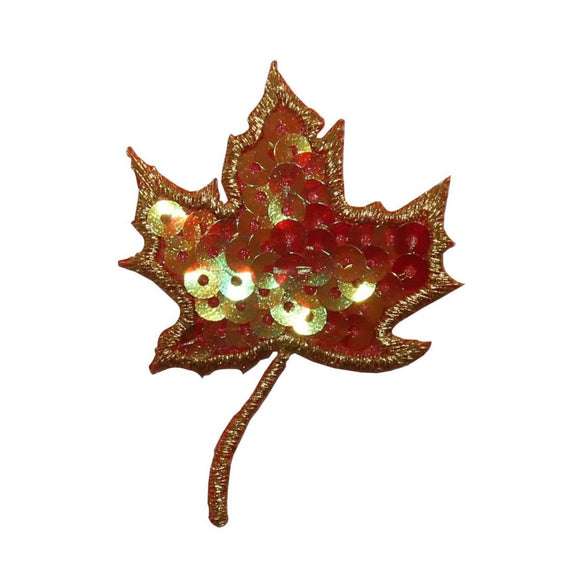 ID 7126 Orange Sequin Maple Leaf Patch Tree Symbol Embroidered Iron On Applique