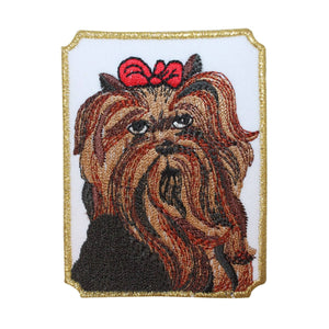 ID 2742 Yorkie With Bow Badge Patch Dog Breed Emblem Embroidered IronOn Applique