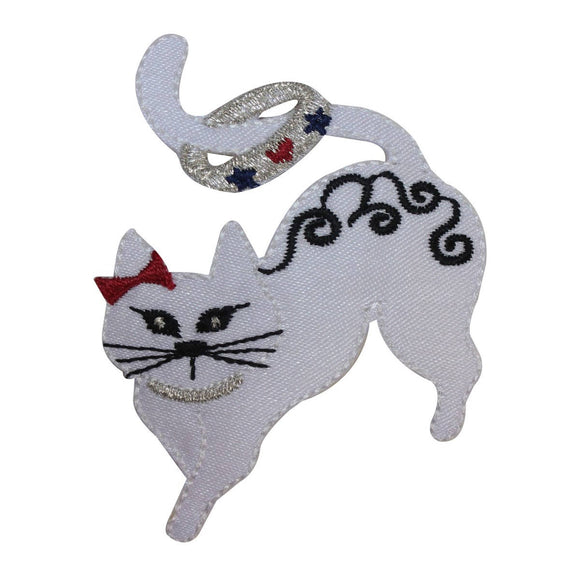 ID 2879 Fancy White Cat Patch Kitty Kitten Bow Pet Embroidered Iron On Applique